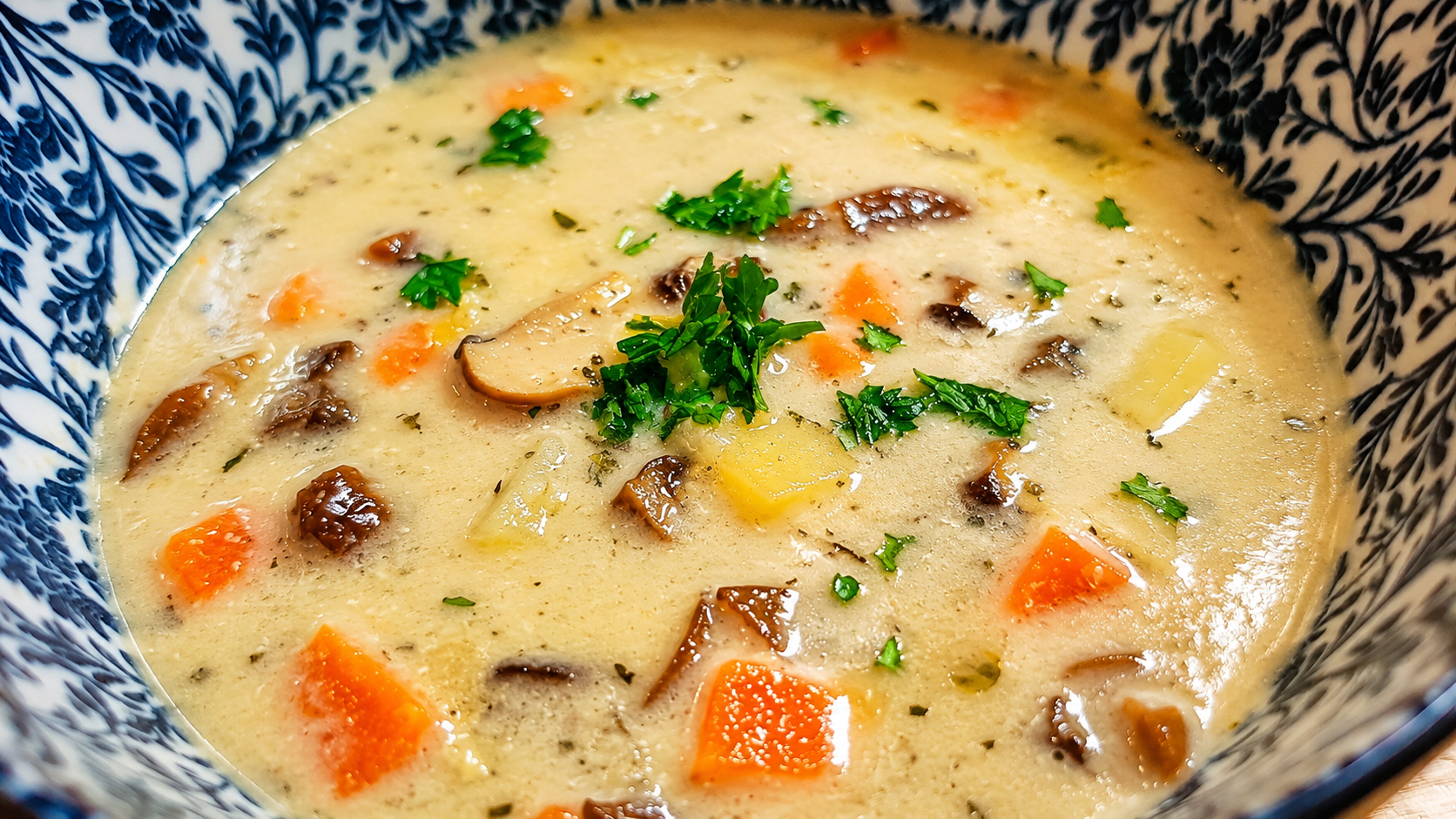 Mushroom soup with potatoes and carrots